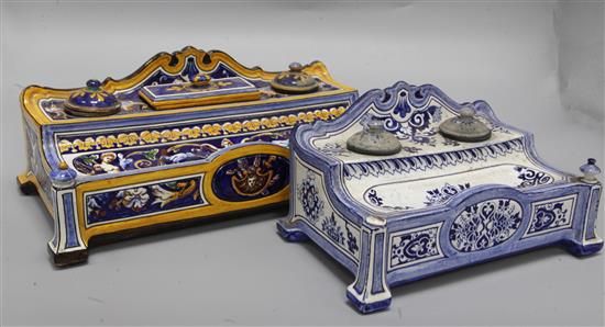 A Gien faience inkstand, c.1880, width 12in.